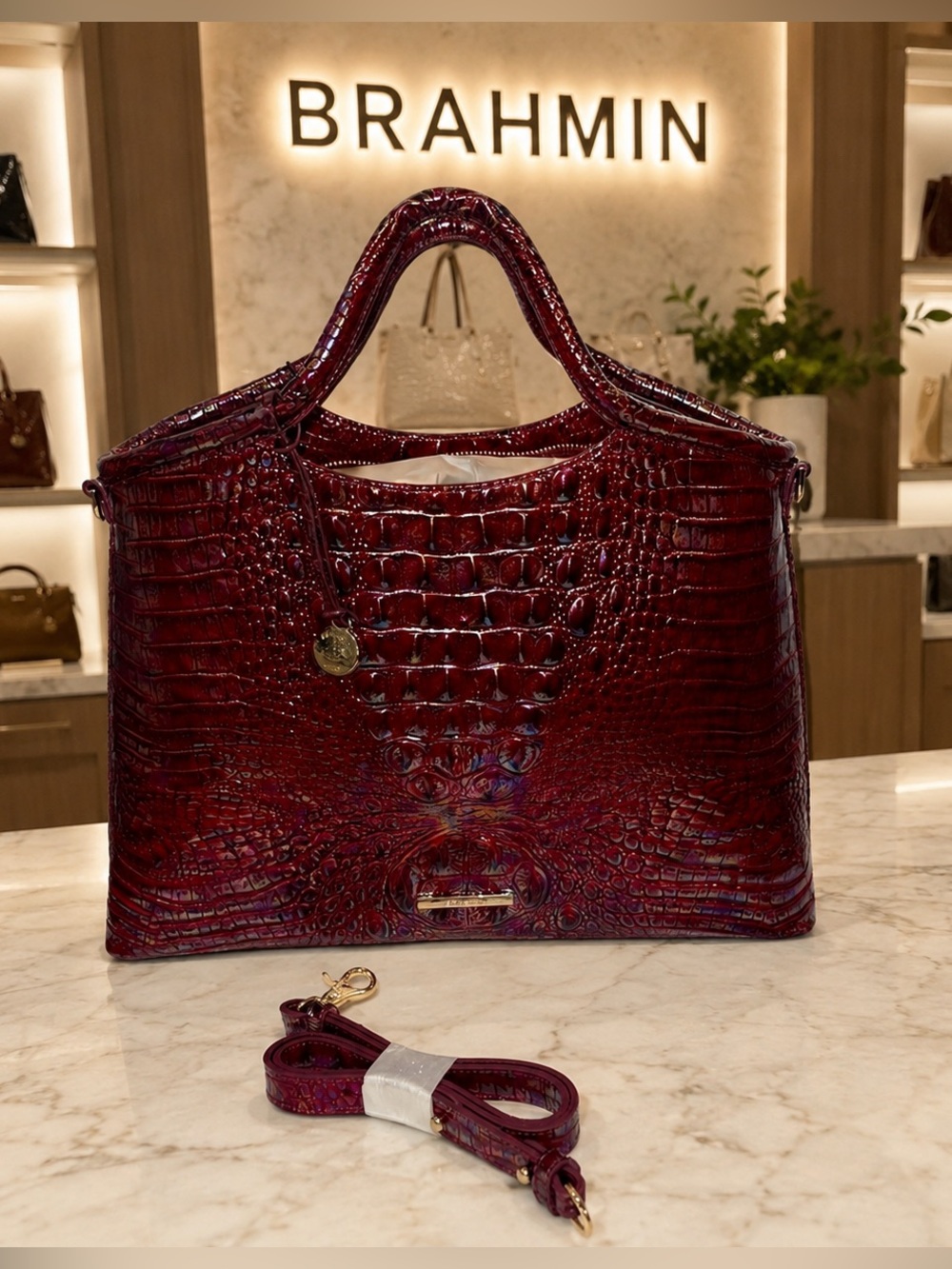 BRAHMIN Elaine Melbourne Satchel in Sangria. Croc-Embossed Italian Luxury NWOT